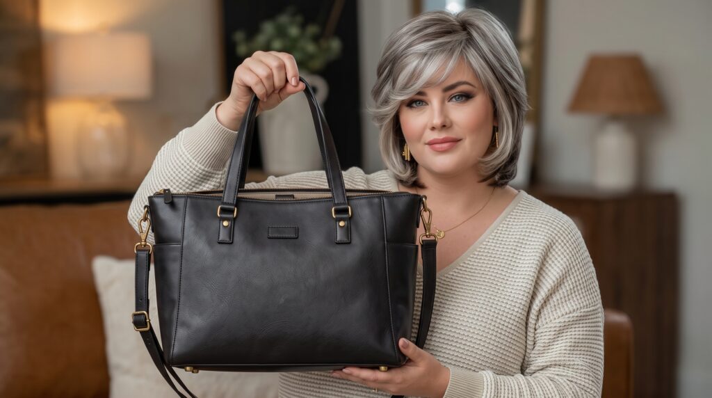 Full grain leather laptop tote bag for women with crossbody strap, zip top closure, and structured base, shown in black and cognac brown