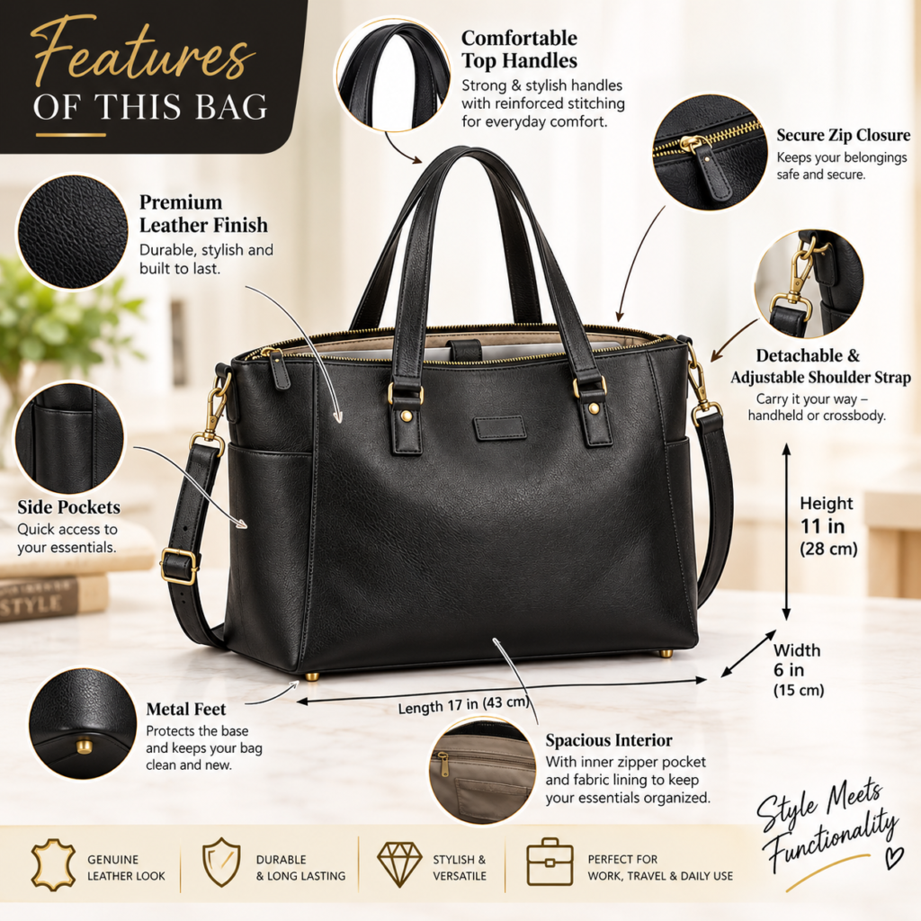 Full grain leather laptop tote bag for women with crossbody strap, zip top closure, and structured base, shown in black and cognac brown