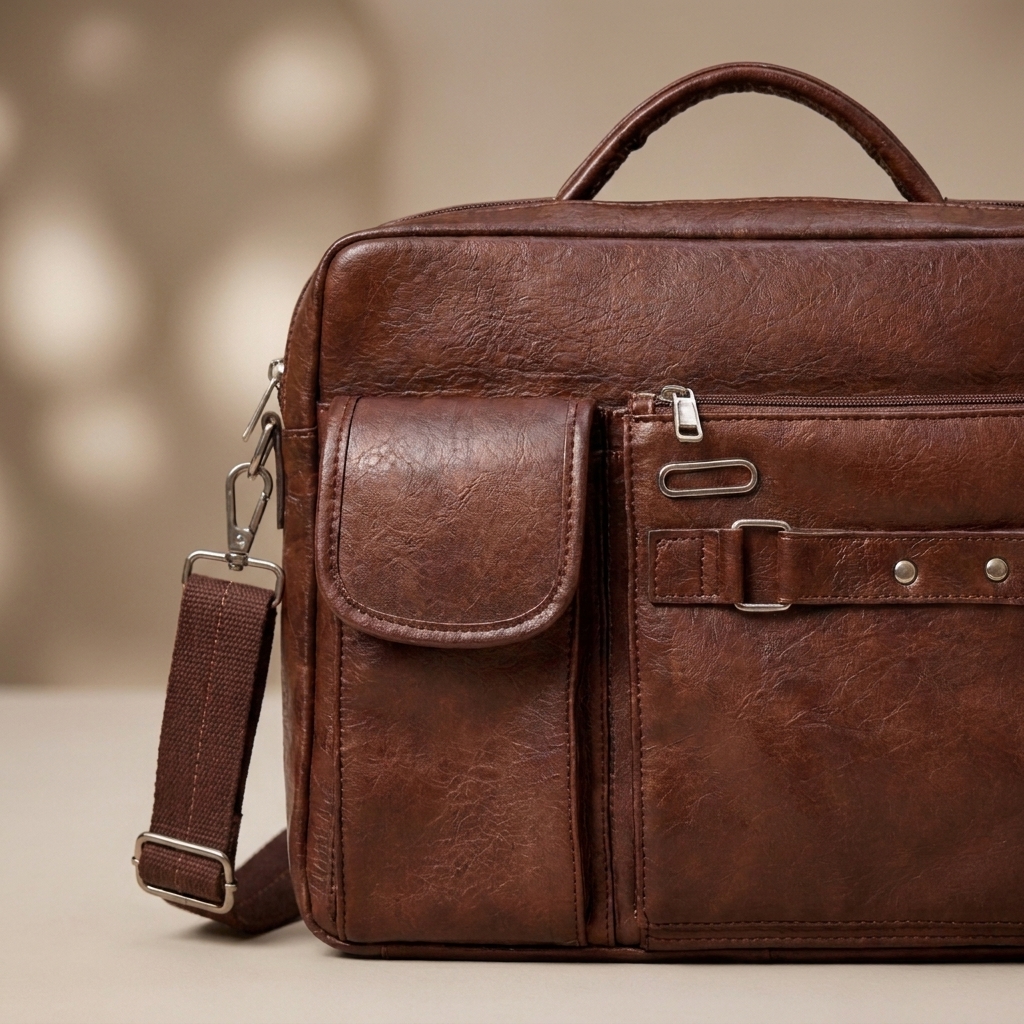 Brown leather laptop briefcase with front flap pocket, zip compartment and detachable shoulder strap, vintage office messenger bag for men, work satchel gift.