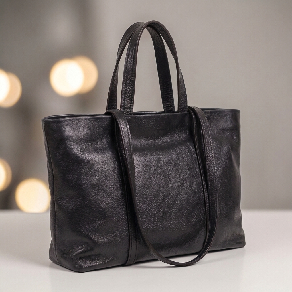 Black leather tote bag for women with top zipper and two handles, shown from behind on a model in a white shirt and jeans, soft pebbled leather work bag